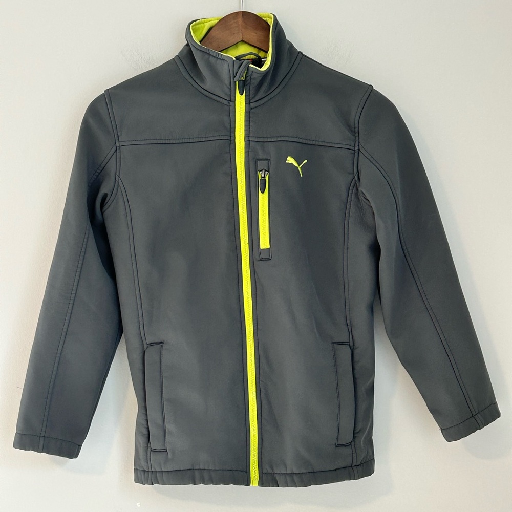 Puma Boys Softshell Jacket Medium Gray Neon Yellow Zip Up Fleece Lined